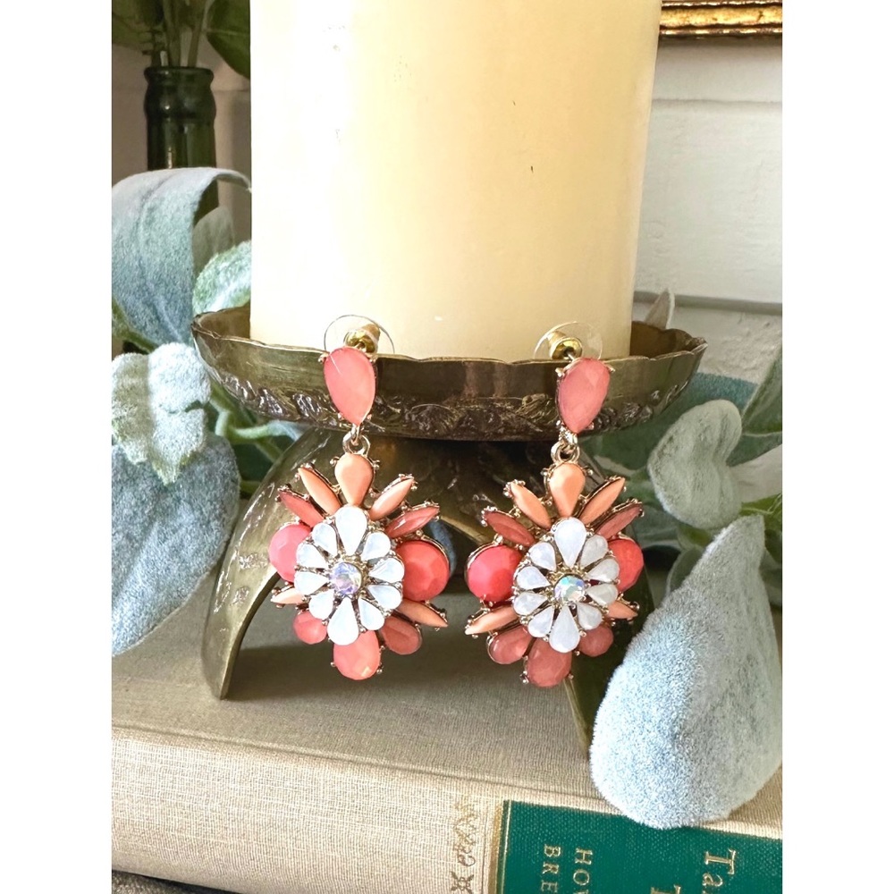 Coral Pink Floral Statement Drop Earrings